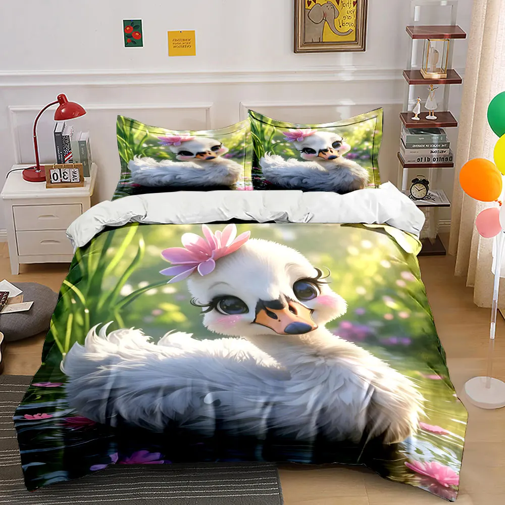 Adorable swan with pink flower Print Bedding Set 1 Duvet Cover 2 Pillowcases for Adult and Children Luxury Gift Full Size