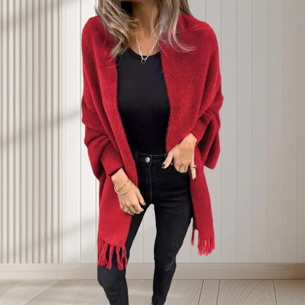 Tassel Decoration Jacket Cozy Fringe Tassel Hem Cardigan For Women Warm Fleece Knit Jacket With Bat Sleeves Mid For Winter