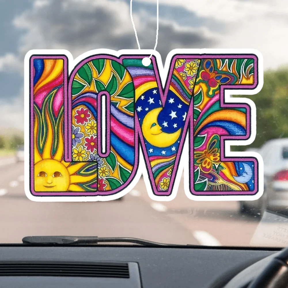 Psychedelischer Hippie LOVE Auto-Duftaufhänger – künstlerische Blumengalaxie, hängende Spiegelentlüftung, anhaltender Duft