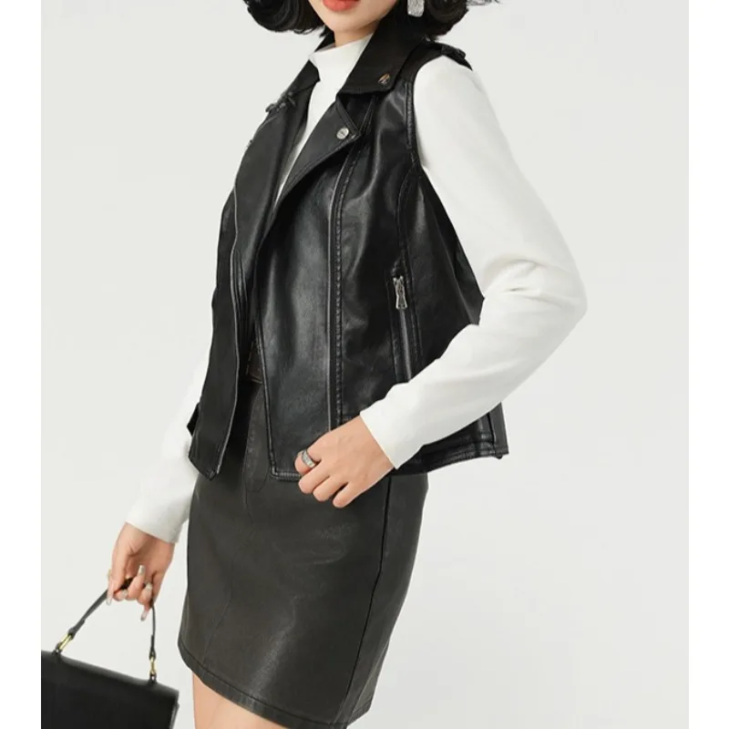 Modny garnitur, skórzana kamizelka z klapami, nowa, uniwersalna damska kurtka skórzana na wiosnę 2026
