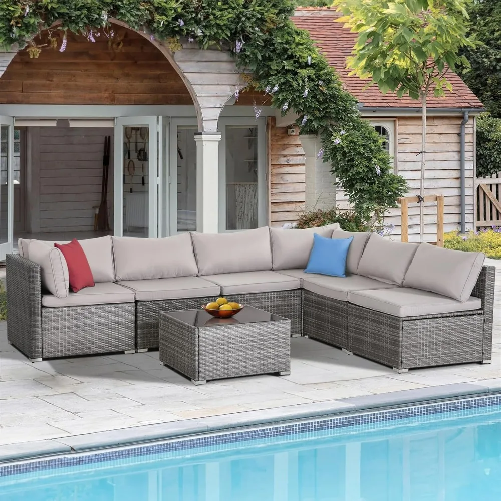 

Patio Outdoor Furniture Set 7 Pieces Rattan Wicker Sectional Sofa Couch Conversation Set with Table for Deck Lawn,Wicker&Cushion