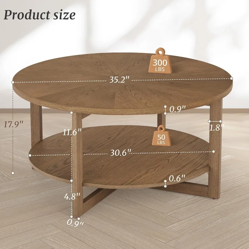 Table Basse Circulaire Rustique Moderne Ronde de 35 Pouces avec Étagère de Rangement à 2 Niveaux, Table de Canapé, Table de Cocktail pour Salon, Bois Foncé