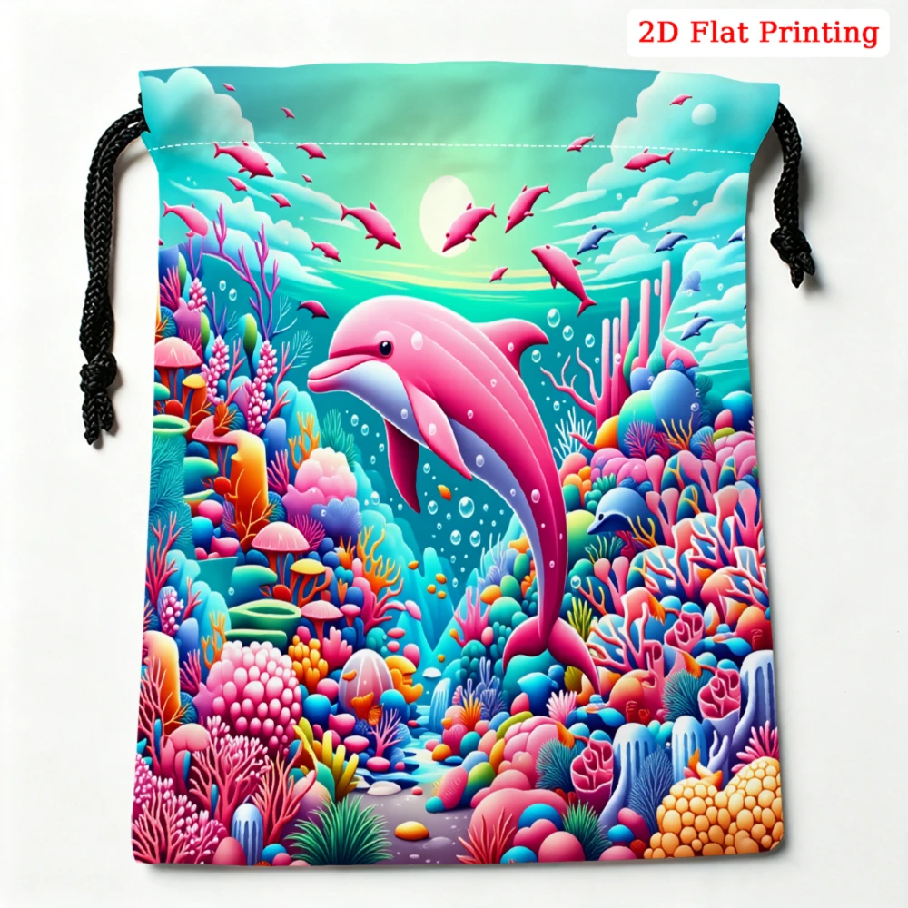1Pc Cartoon Dolphin Underwater Sea Coral Drawstring Bag Multicolor 2D Flat Printing Storage Small Pouch For Travel Gym Cosmetics
