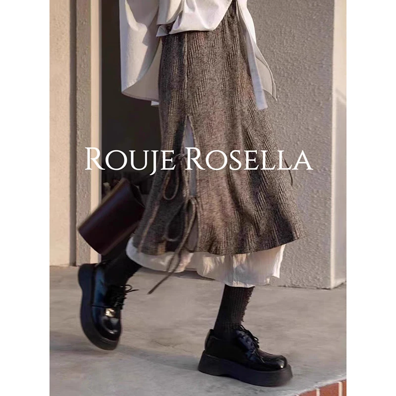 European Style 2025 New Arrival Autumn Women Casual Straight Patchwork Mid-calf Skirt Split Design Good Quality Skirts T21