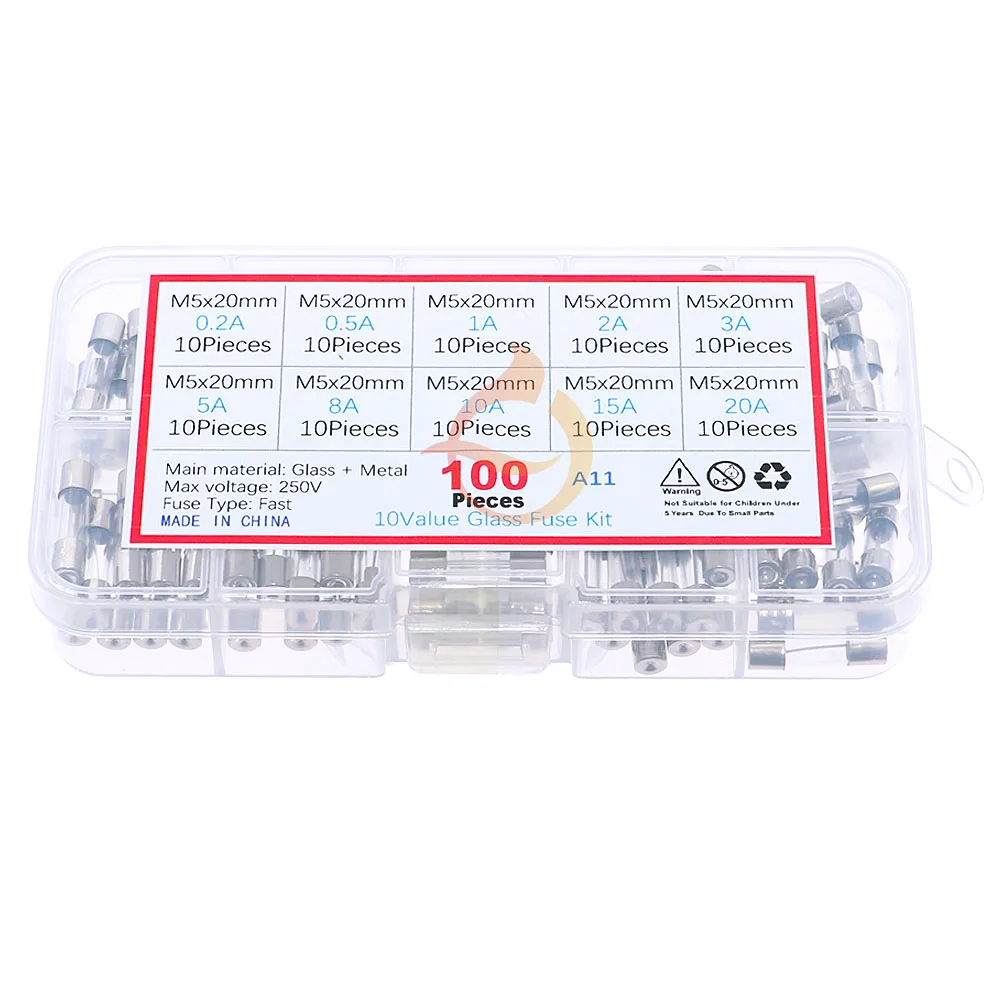 100Pcs 5x20mm Fast-blow Glass Fuse Assorted Kit 0.2A 0.5A 1A 2A 3A 5A 8A 10A 15A 20A Amp Electrical Fuse Tube Mix Set