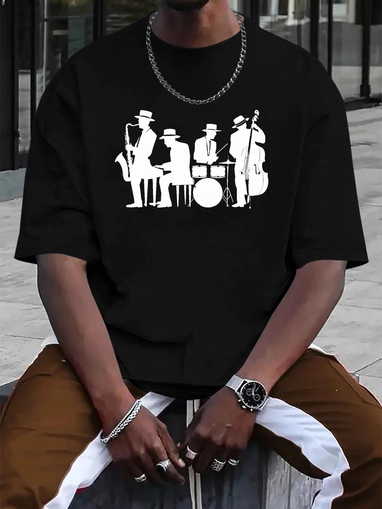 Mens Vintage Jazz Band Silhouette T Shirt Musician Sax Bass Drum Print Short Sleeve Crew Neck Casual Cotton Male Daily Tee