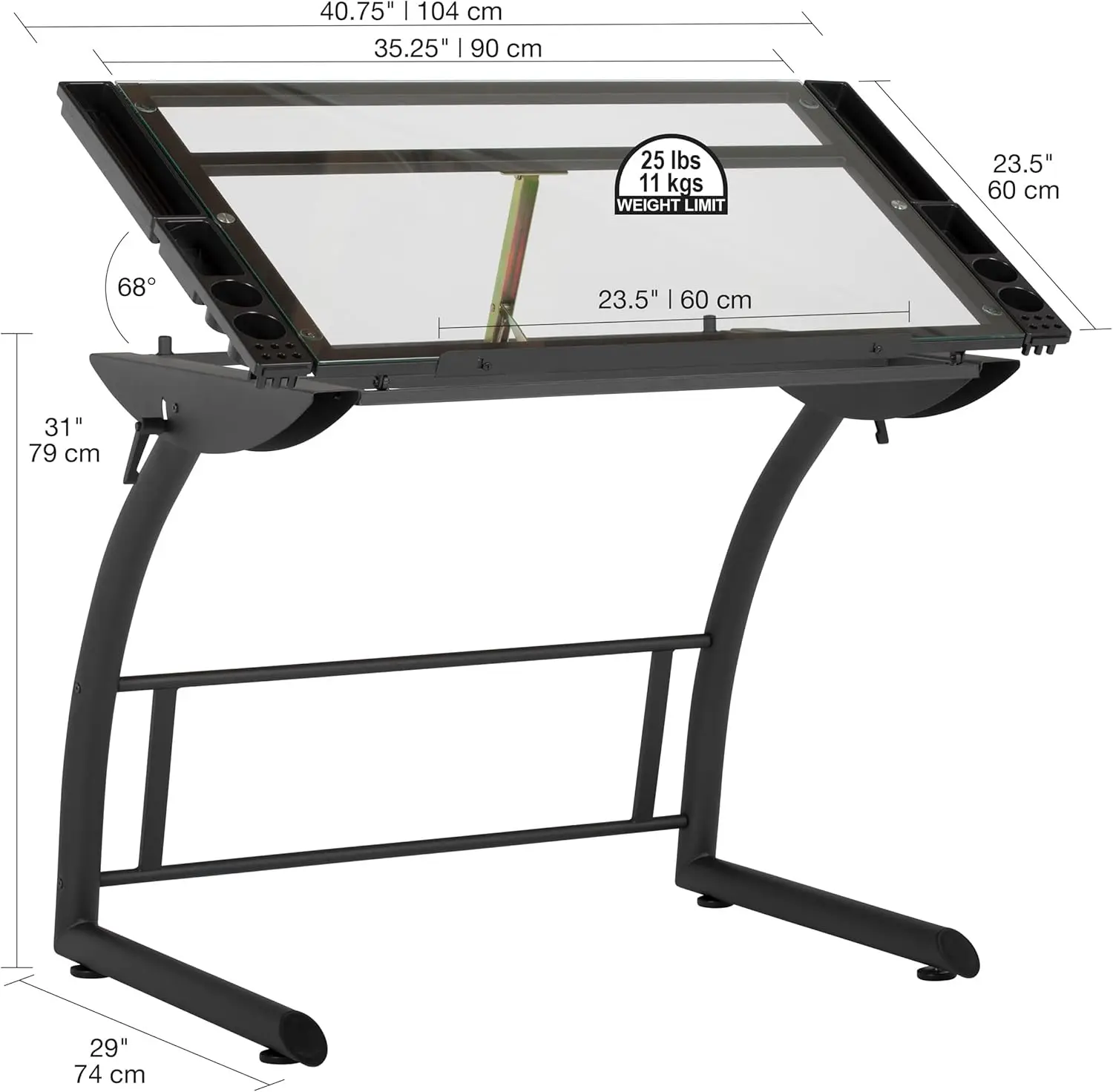 TriDrawing Table, Sit to Stand Up Adjustable Office Home Computer Desk, 35.25' W X 23.5' D, Charcoal Black/Clear Glass