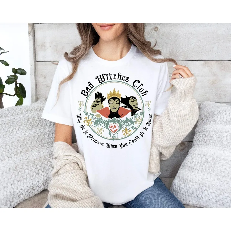 قميص Disney Villains، تي شيرت Retro Bad Witches Club، Ursula Maleficent Evil Queen Vintage Halloween Disney Park Vacation Top
