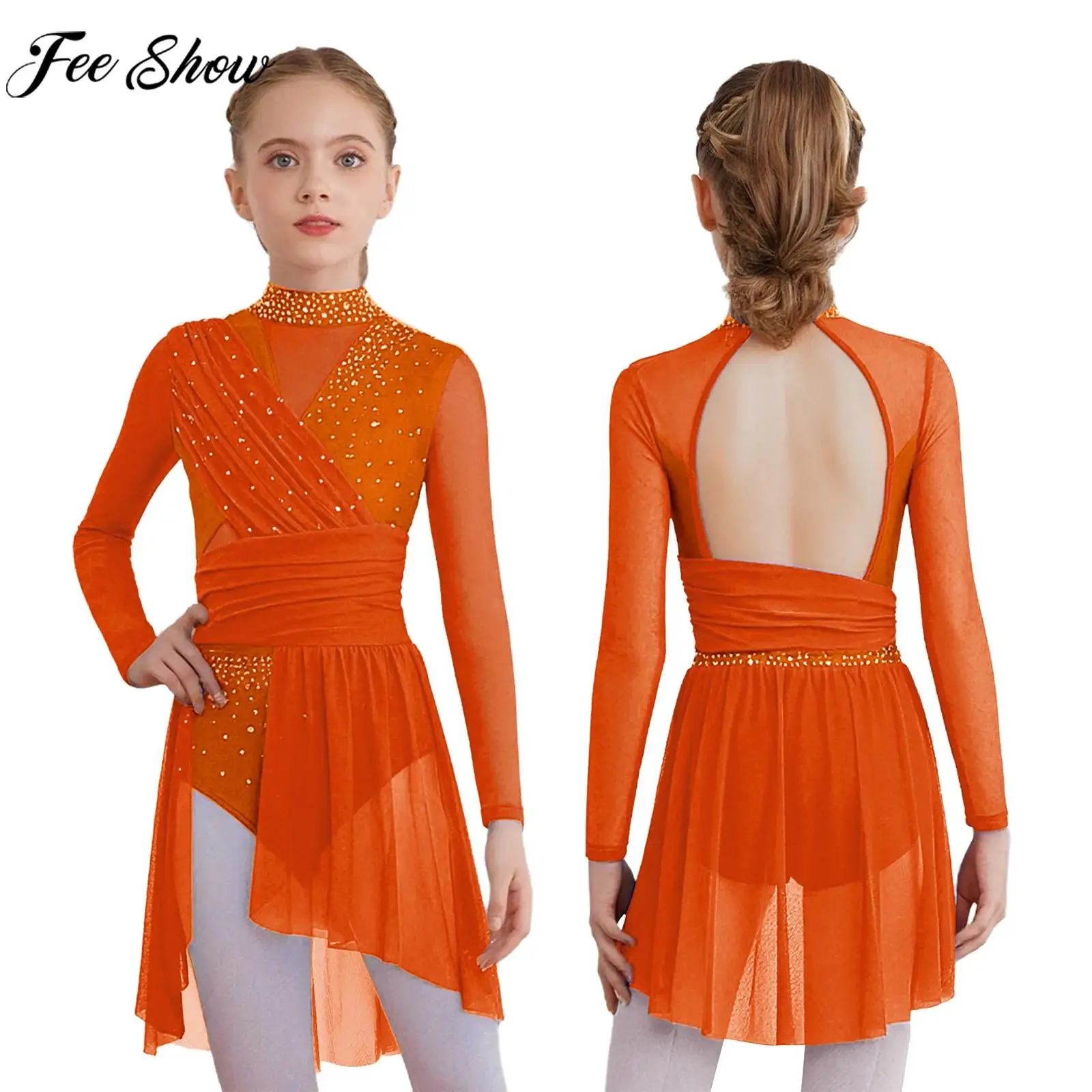

Children Girls Figure Skating Modern Lyrical Dance Performance Costume Long Sleeve Shiny Rhinestones Split Mesh Leotard Dress