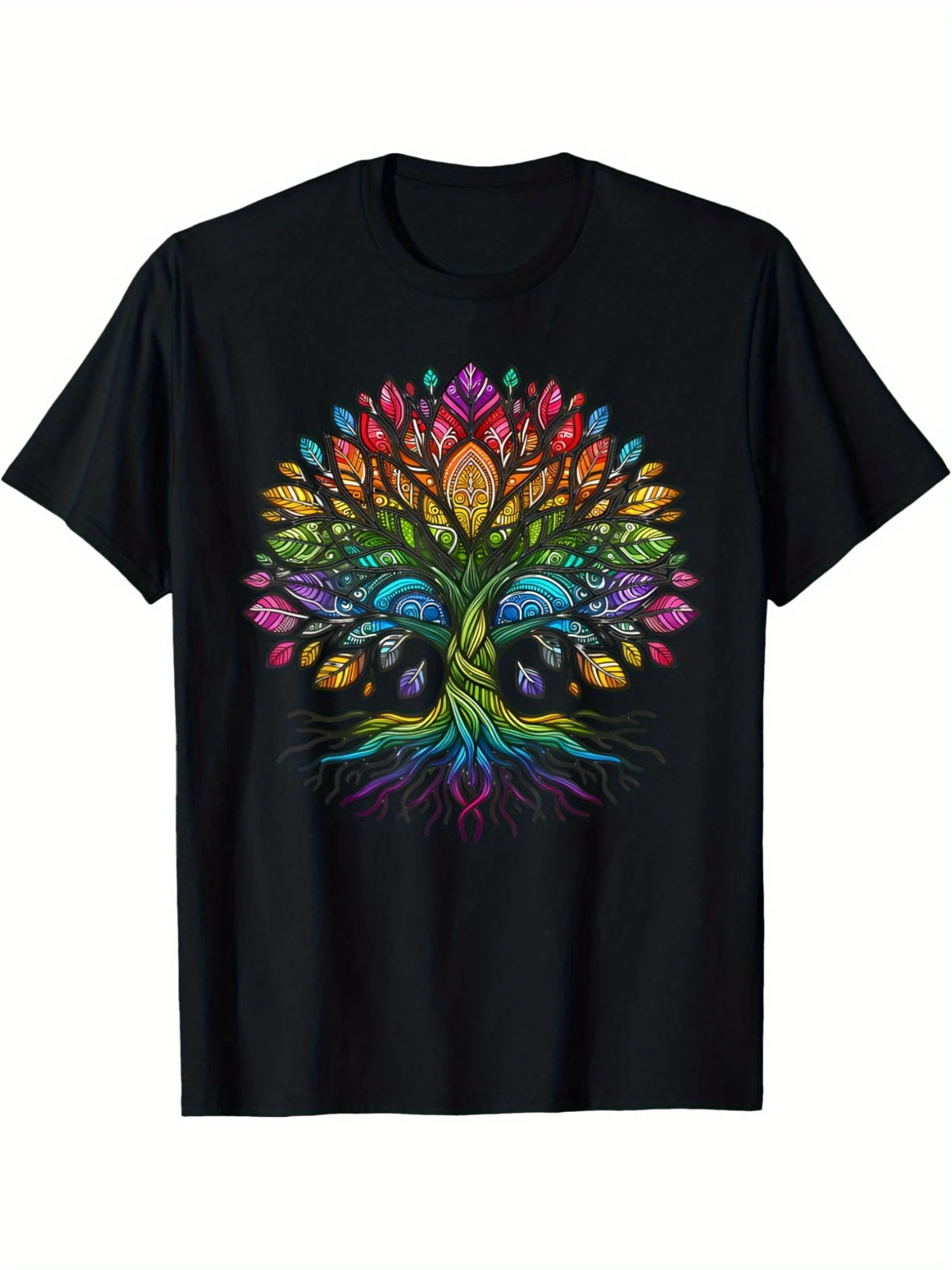 

1Pc Men's Tree of Life Rainbow Print T-Shirt - 100% Cotton Regular Fit Short Sleeve Tee with Vibrant Colorful Design All-Season