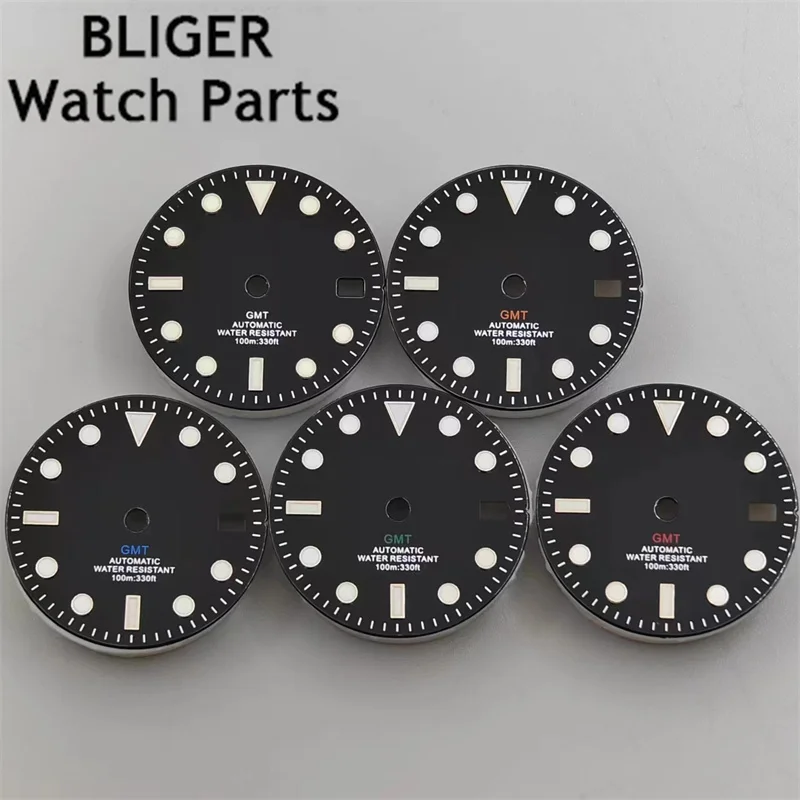 BLIGER 29mm Glossy Black Dial Green Red Blue Orange GMT Text Watch Dial Fit NH34 GMT Dial Blue/Green Luminous Watch Parts