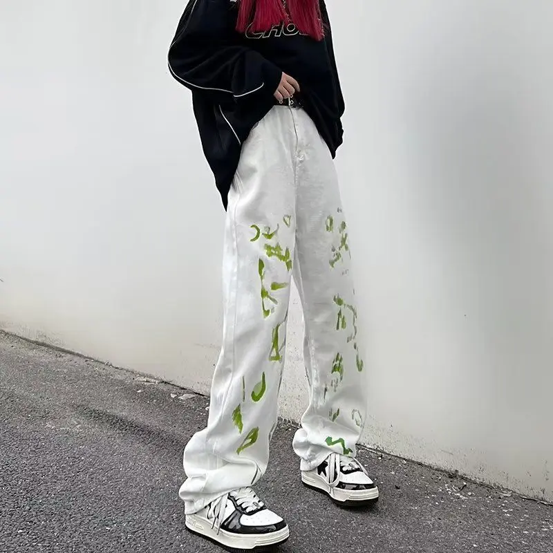Vibe Style Pants Graffiti Tie-dye Printed Jeans Men and Women Straight Trousers