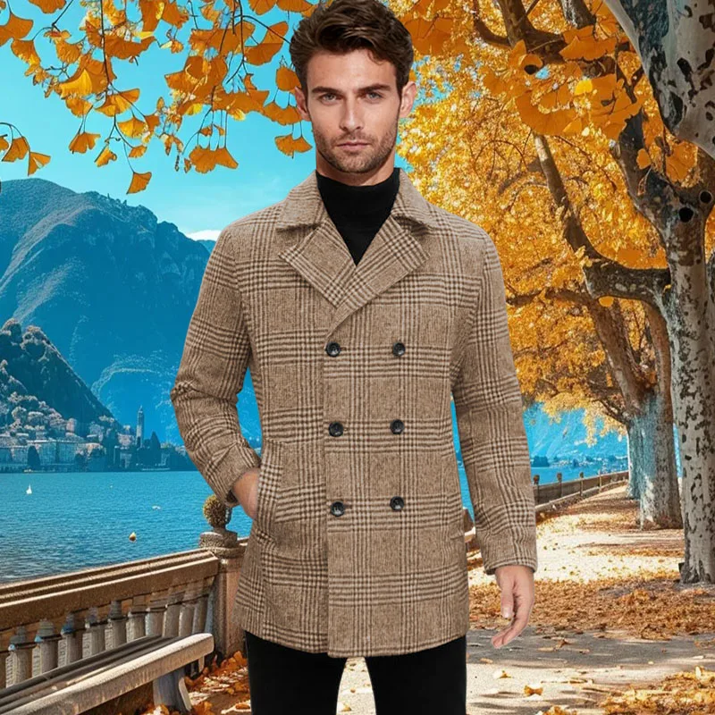 

Autumn Men's Trench Coat Double Breasted Stand Collar Overcoat Grid Double-breasted Tailored Business Casual Man Blazer