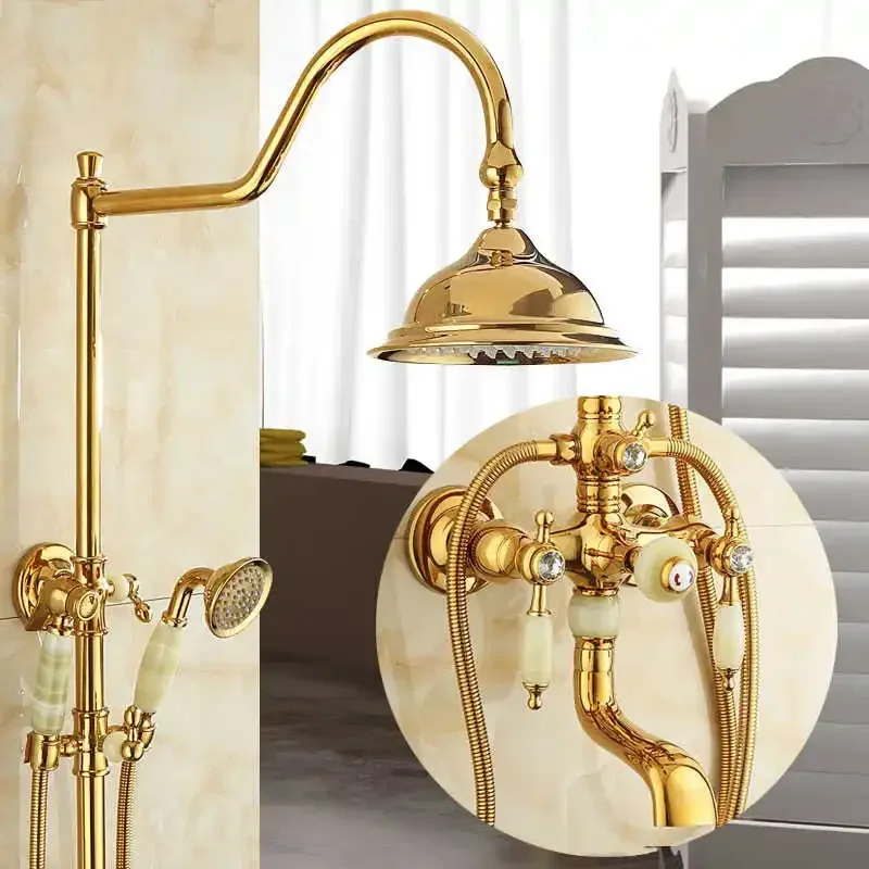 

Bath and Shower Faucet Gold Brass and Jade Set Brass Wall Mounted Rainfall & Hand