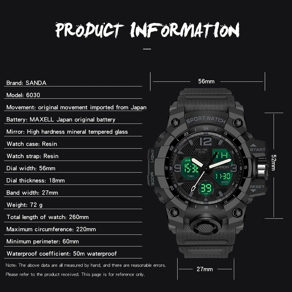SANDA 6030 Men's Elactronic Watch Sport Military Watches Waterproof Date Silicone Strap Digit Pointer Wristwatch Male Clock Gift
