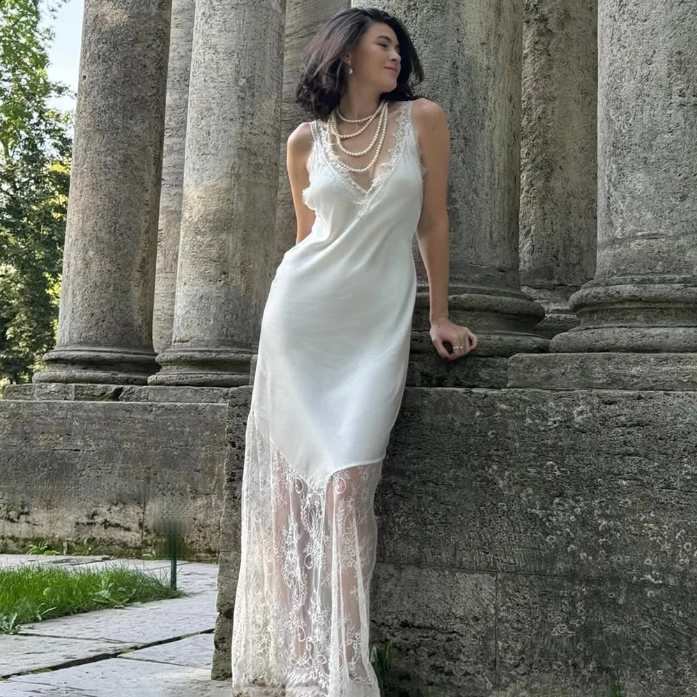 

Tuularose Fashion V-Neck Lace Dress Women Summer New Lace See Through Patchwork Backless Party Dress Elegant Women Evening Dress