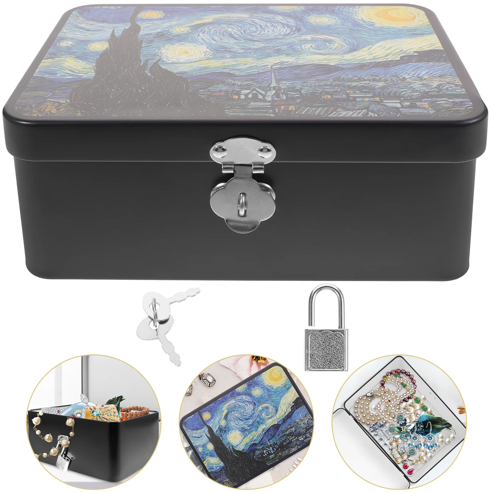 Retro Tin Box Lock Medium Size Starry Night Storage Container for Jewelry Gifts Keepsakes Vintage Decorative ganizer Safe Sealed