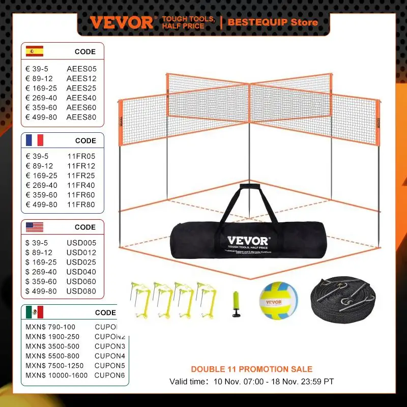 VEVOR 4-Way Volleyball Net Outdoor Badminton Net Set for Backyard Beach Lawn with Carrying Bag 4 Square Quick Assemble Game Set