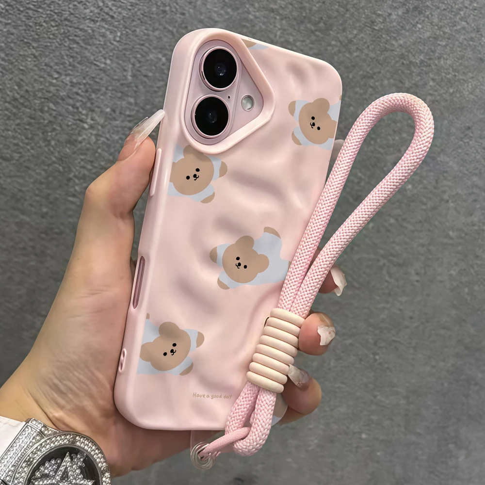 Modisches Bärenmuster Falten-Silikon-Handyhülle für iPhone 17 15 13 11 12 14 16 17 Pro Max 14 Plus Air mit Lanyard Niedliche Hülle – Detail 8