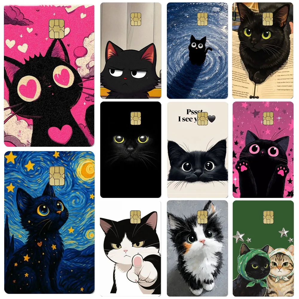 Cute Black Sky Cat Credit Card Skin Stickers Cartoon Animals Suitable for VISA JCB AMEX MasterCard Subway Bus Cards Decor Gift