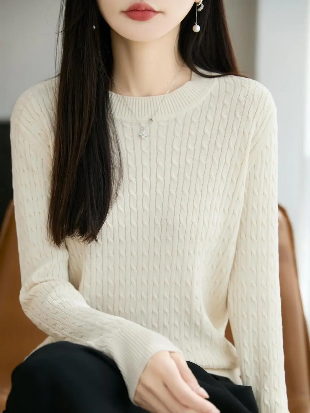 100% Pure Cotton Knitted Long Sleeve round Neck Sweater Women's Loose Cotton Linen Base Shirt Autumn Winter Twist Pure Color