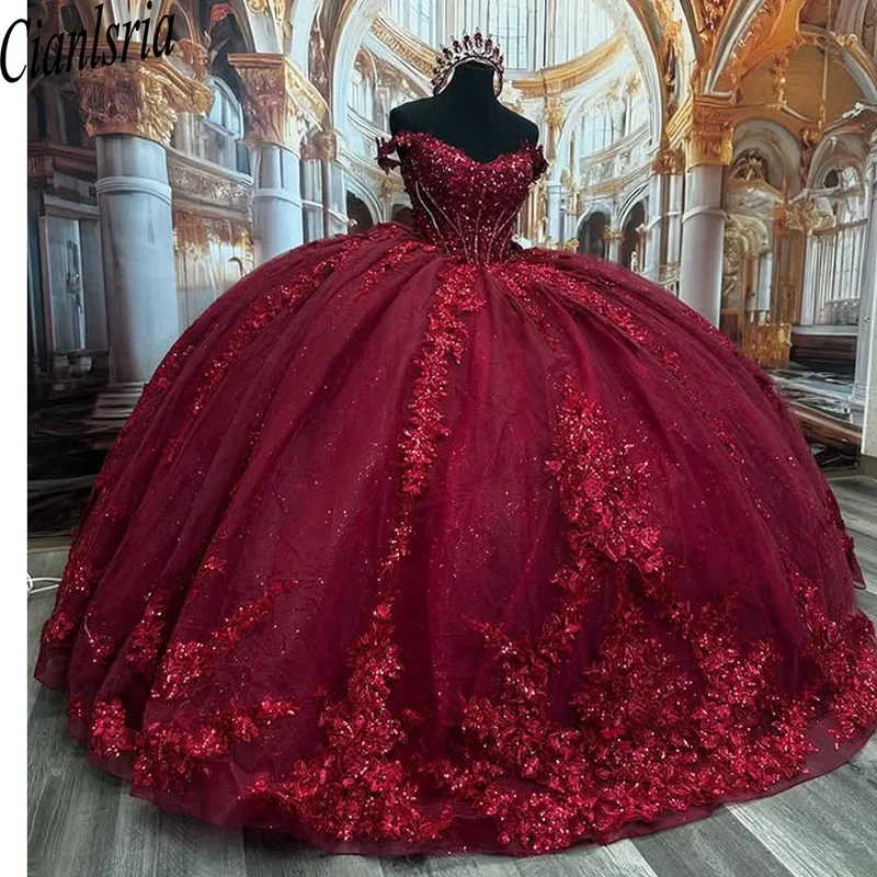 Burgundy Ball Gown Quinceanera Dresses For 15 Years Sequined Appliques Party Dress Robes De Soirée