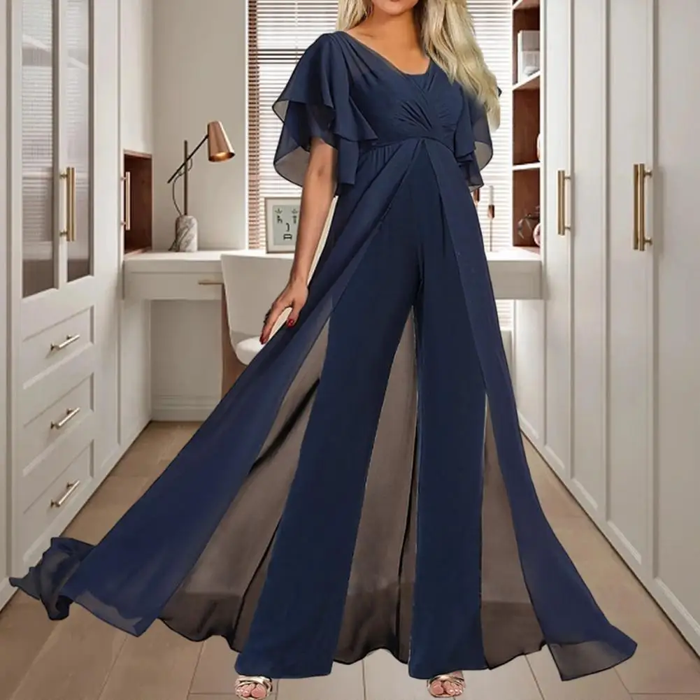 

Women Jumpsuit Elegant V Neck Ruffle Jumpsuit with Split Dress Hem High Waist Detail Women's Party Prom Outfit with See-through