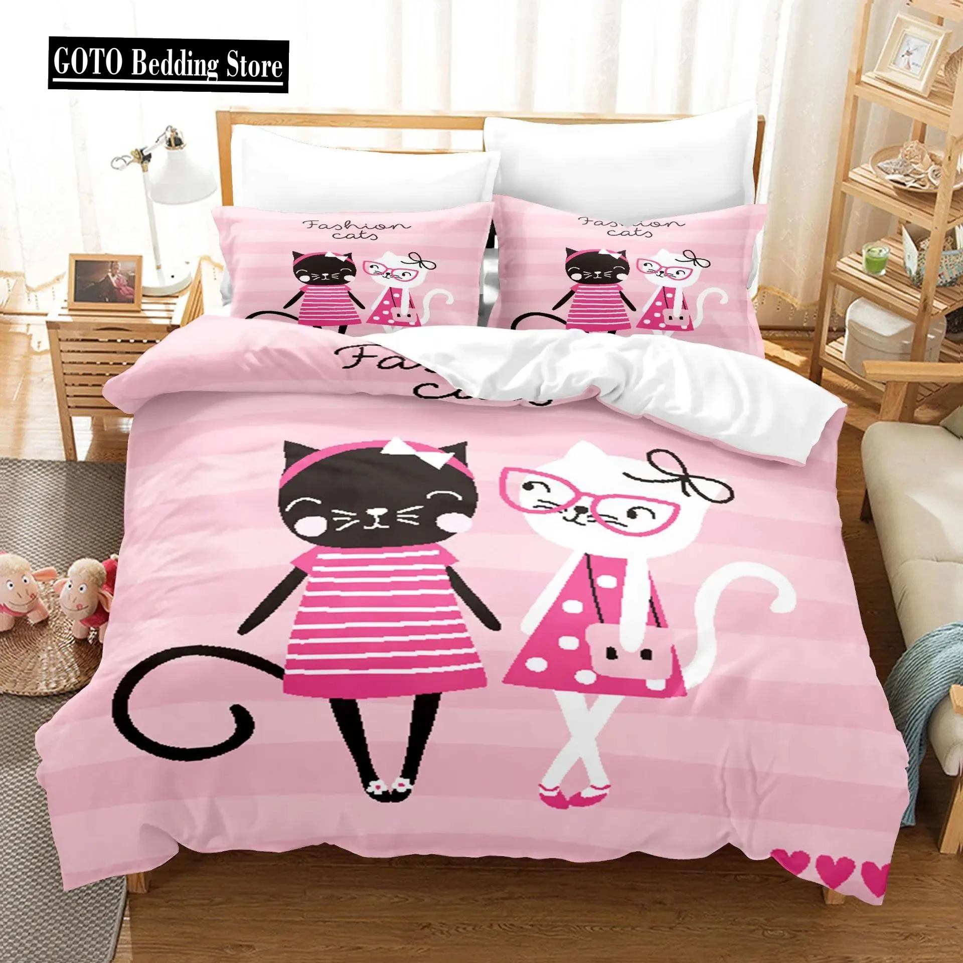 

Soft Microfiber Duvet Cover and Pillowcases Cartoon Pink Lovers Cat Bedding Set for Kid Print Rabbit,Unicorn Comforter Sets Twin