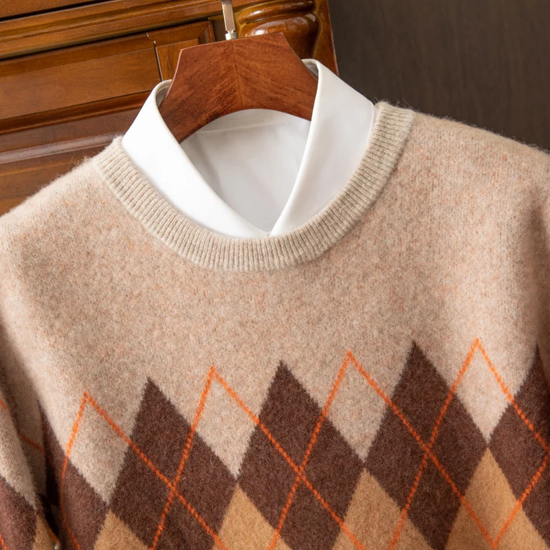 Autumn And Winter New 100% Wool Men's Thick Sweater Jacquard Round Neck Loose Casual Knitting Bottoming Shirt