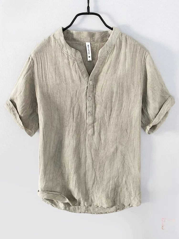 

Cotton Linen ort Sve T-irt Men's Summer Thin Collar irt 00% Linen Pleated Large V-ne Trendy f Sve irt