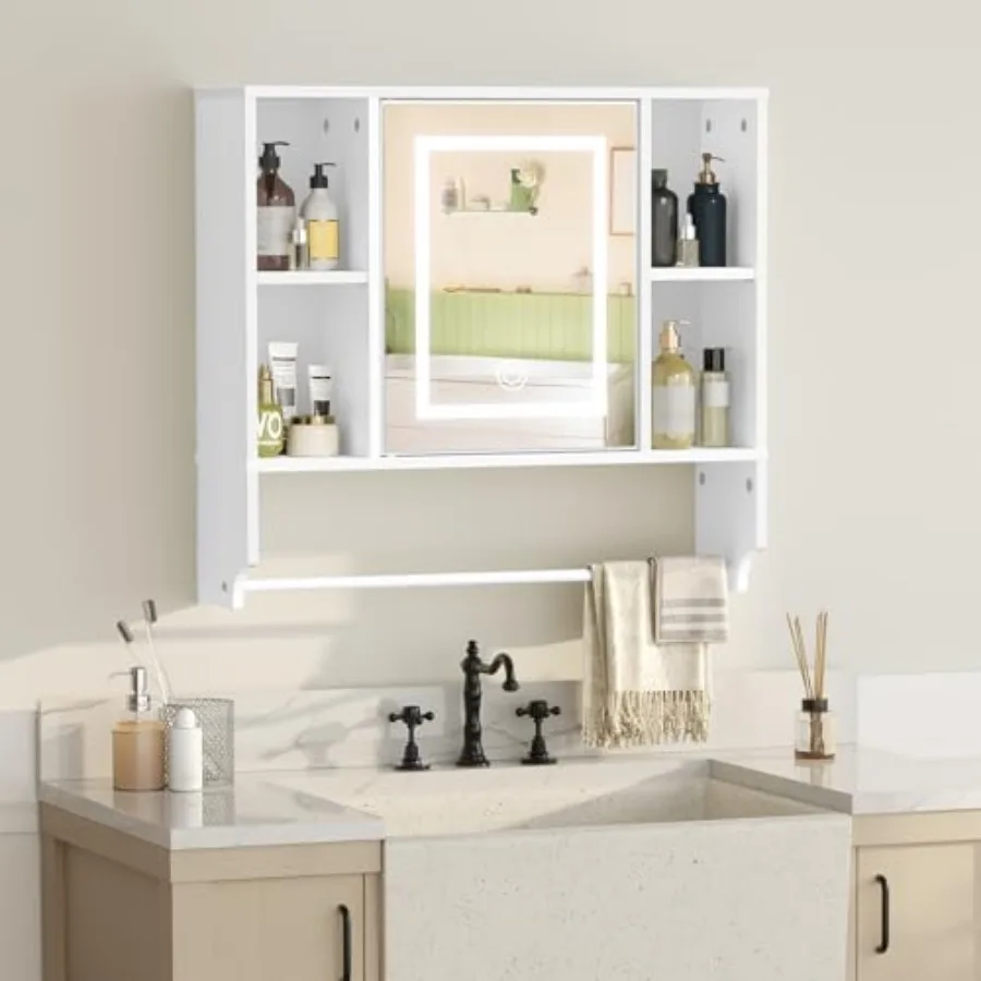 

Bathroom Wall Cabinet with Mirror Wall Mounted Medicine Cabinet with Color Adjustment LED Lights Mirrored Over The Toilet Stora