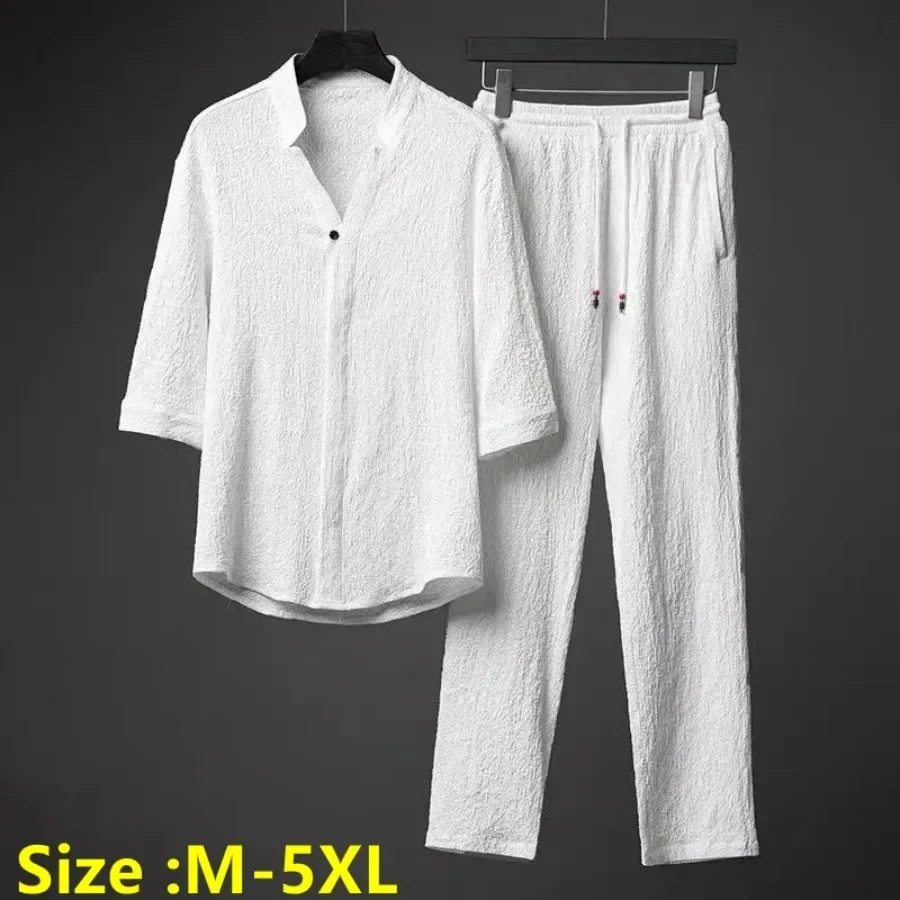 2025 Men's Two Piece Pant Sets Spring Summer Short Sleeve Shirt And Pants Outfits For Men Solid Cotton Linen Clothing Sets Male