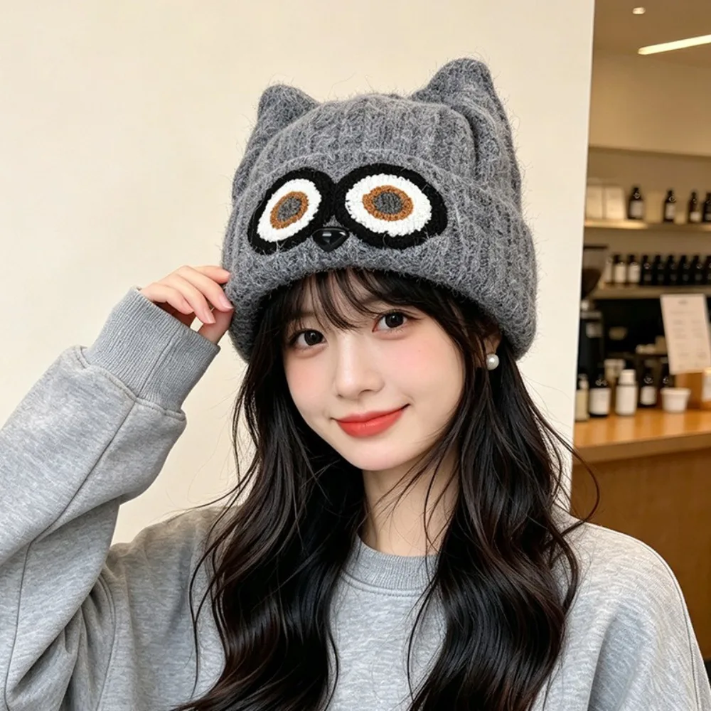 Knit Design Knitted Beanie Hat Ear-Warming Feature Earmuffs Included Owl Pattern Hat Crochet Style Ear Protection Warm Hat