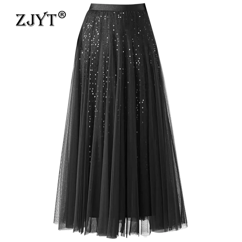 

ZJYT Summer Fashion Sequined Midi Mesh Skirts for Women Korean Style Elastic Waist Black Party Skirt Casual Aline Faldas Elegant