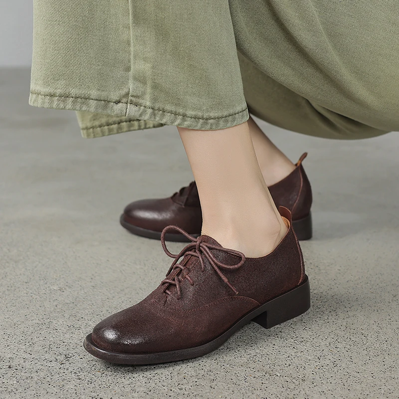 

Women Oxford Shoes Round Toe Basic Design Flats Genuine Leather British Style Oxfords Spring Autumn Round Toe Ladies Footwear