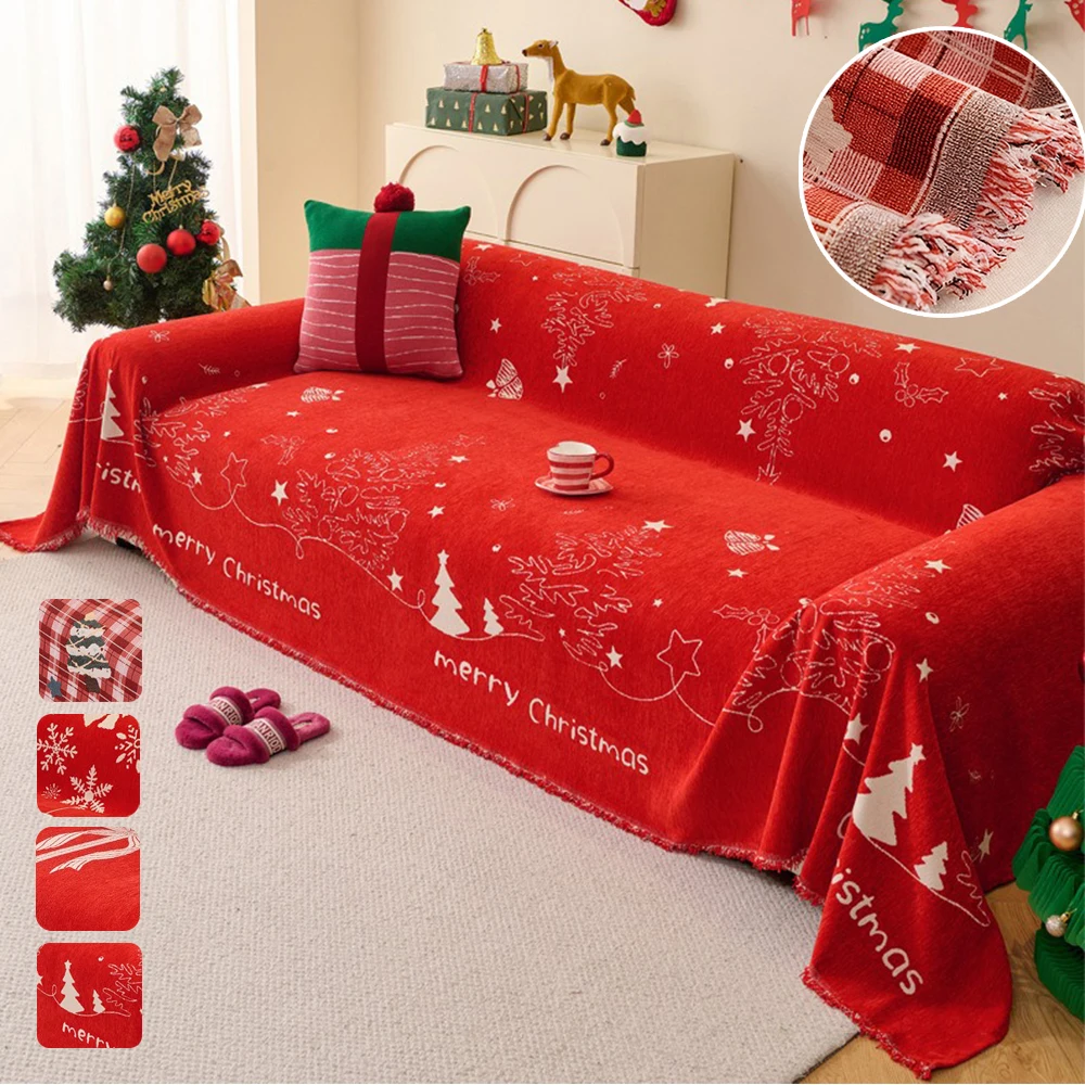 

Xmas Sofa Cushion Cloth with Tassels Double Sided Sofa Cover Thick Dustproof Sofa Towel Knee Blanket Christmas Decoration 크리스마스