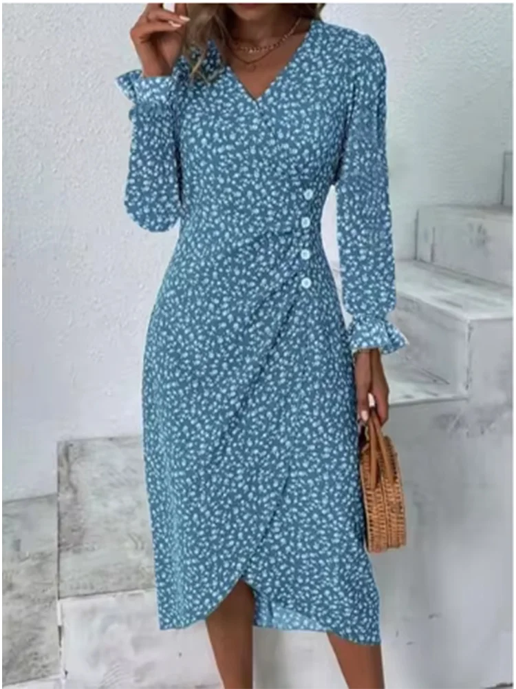 فستان نسائي بأكمام طويلة برقبة حرف V ، مزاجه أنيق ، أحادي اللون ، طباعة بأزرار ، شارع ، متعدد الاستخدامات ، مناسب للجسم ، الربيع ، الخريف #3