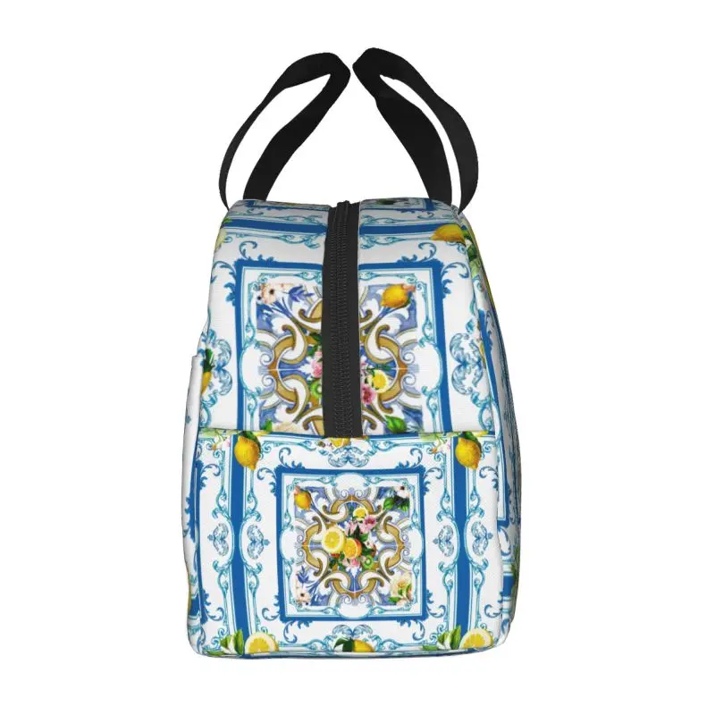 Lancheira isolada para mulheres, Refrigerador térmico reutilizável, Recipiente De Alimento Para Piquenique, Sacolas, Telhas De Limões De Frutas Do Mediterrâneo