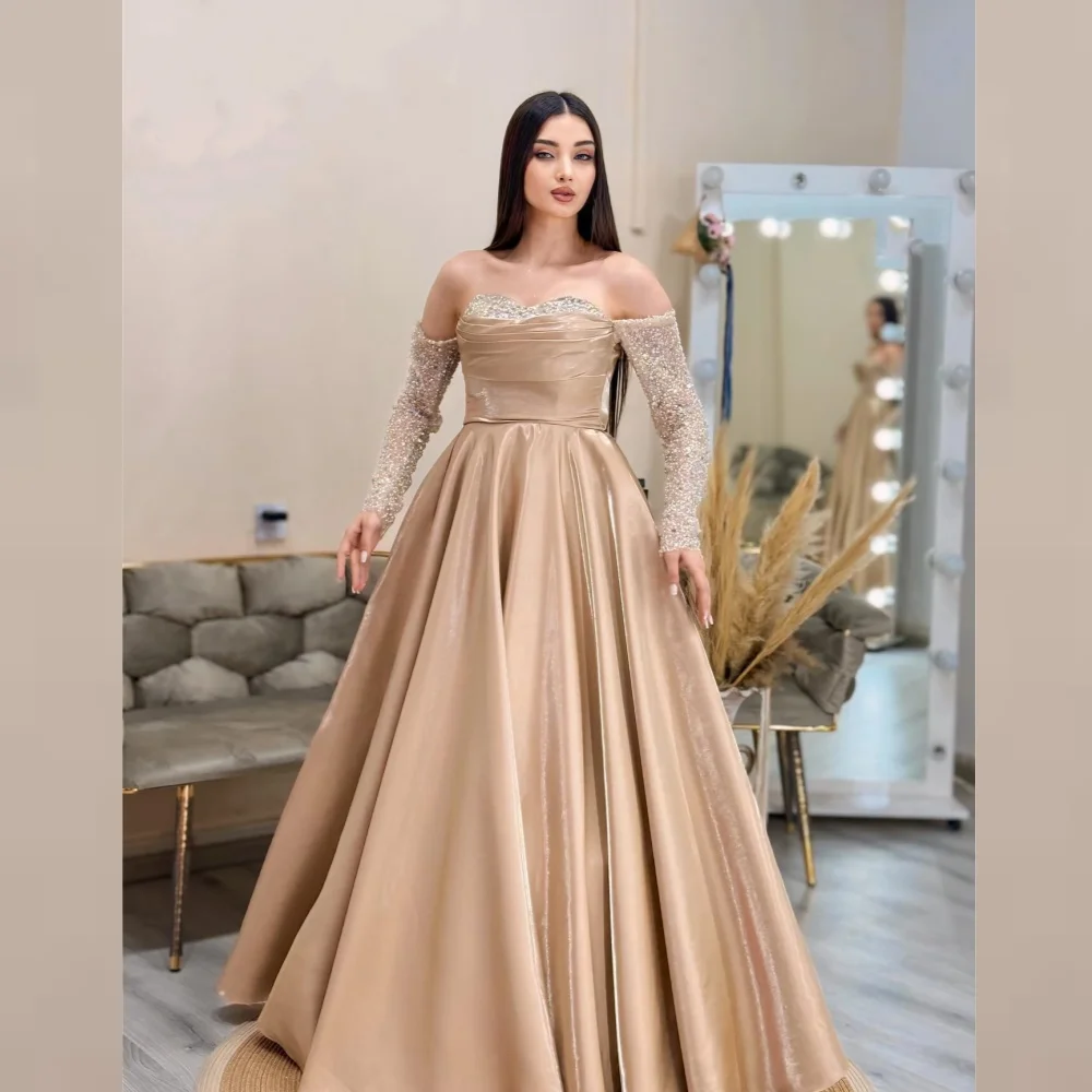 

Satin Sequined Draped Pleat Celebrity A-line Off-the-shoulder Bespoke Occasion Gown Long Dresses