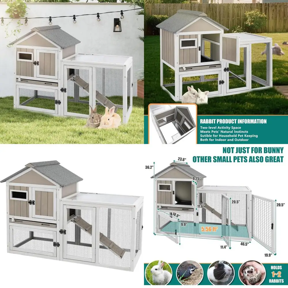 

48-дюймовая двойная клетка для кроликов со съемным поддоном, деревянный домик для животных для использования в помещении/на улице, водонепроницаемый двухэтажный вольер для кроликов, серый цвет