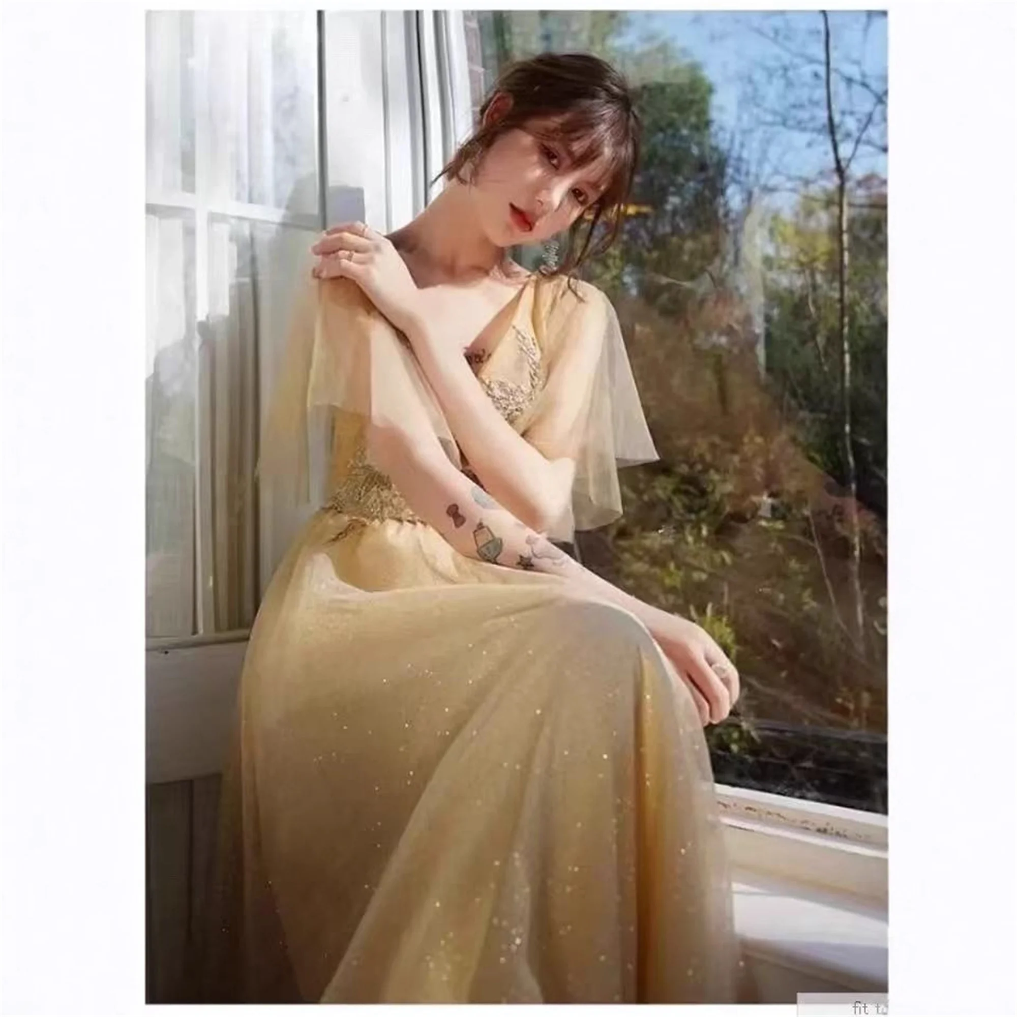 فساتين سهرة عصرية بأكمام تشبه جناح الخفّاش مزينة بسباركلي ورقبة على شكل حرف V فساتين كوكتيل طويلة للنساء أنيقة للمناسبات الرسمية #2