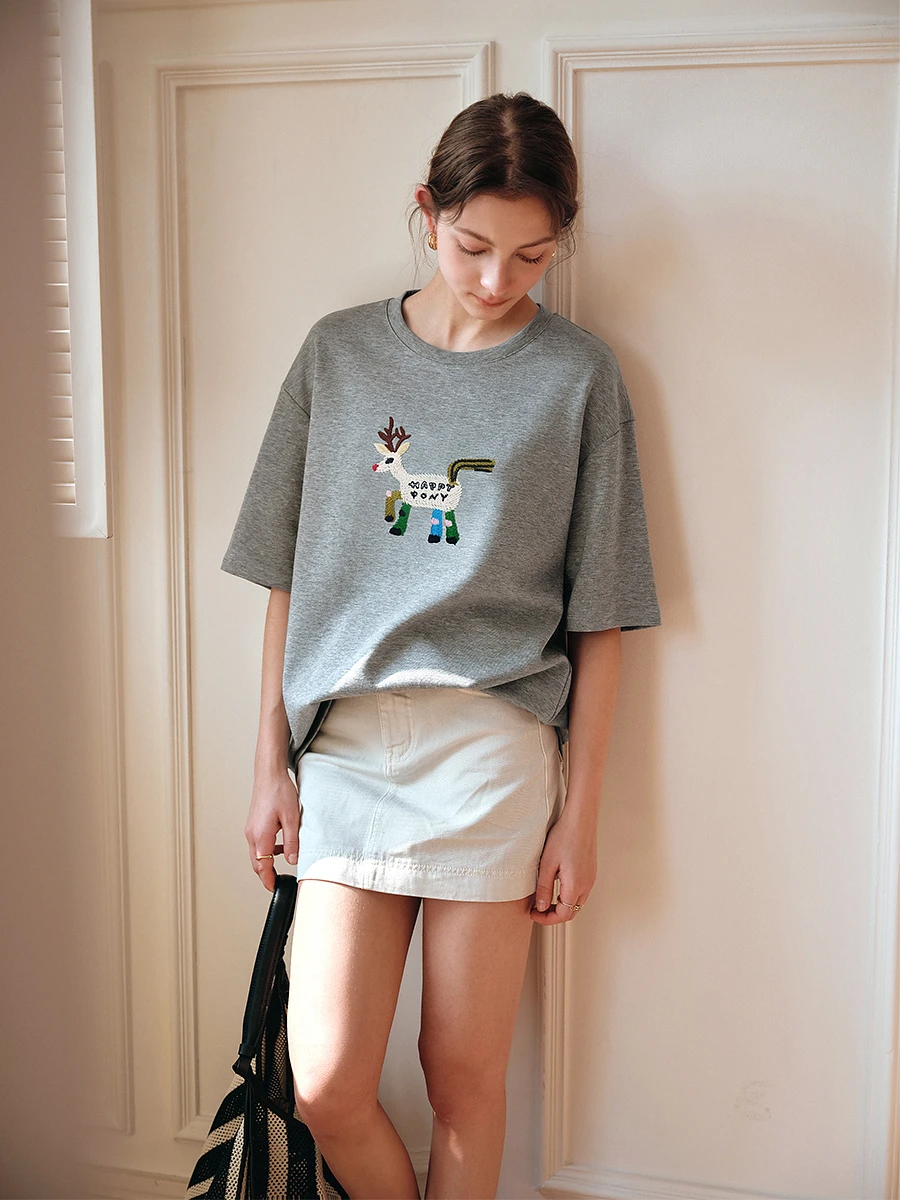 OLrain Zomerkleding Vrouw 2025 Grijs O-hals Oversized Geborduurd Patroon Drop Mouwen Dames Korte Mouw Tops O57XT99219