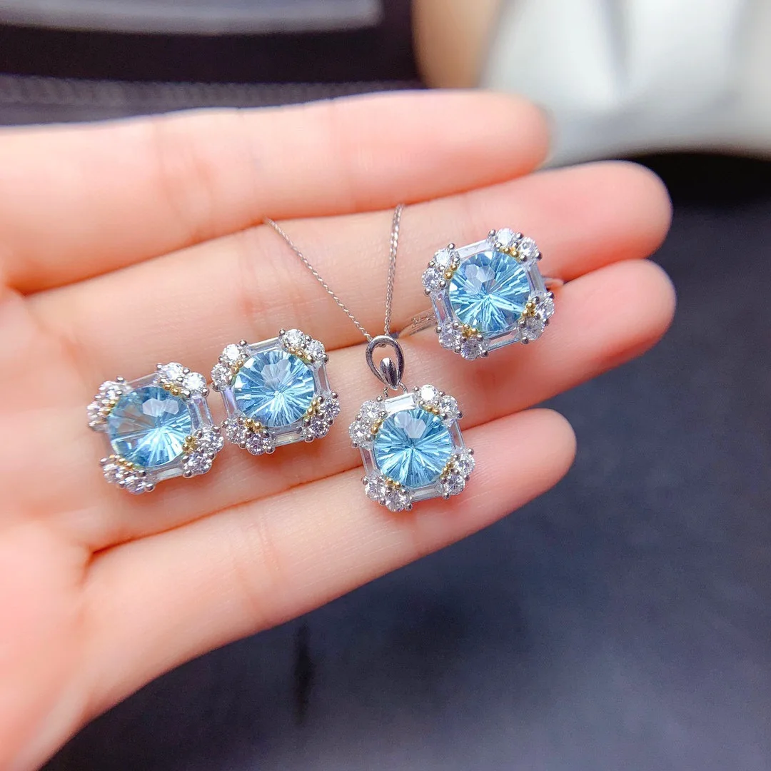 2-Karat-Aquamarin, Rubin-Set Ring-Anhänger-Ohrringe, Geeignet für Damen-Verlobungsschmuck – Detail 1