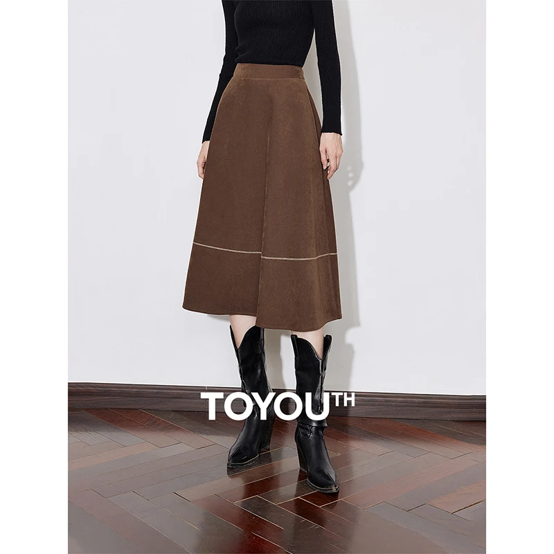 Toyoutth saia feminina 2024 outono e inverno novo estilo maillard cintura alta uma linha de comprimento médio saia guarda-chuva