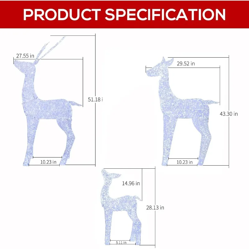 4,5 FT 3D 3-delige vooraf verlichte kerstrendierenfamilie, 3D verlichte fonkelende hertenset met 1660 witte LED-verlichting, Groud Stakes,