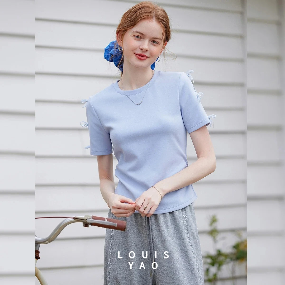 LOUISYAO Solid Color Bow Decor T-Shirt 2025 Summer Women Round Neck Waist Shirring Short Sleeve Casual Tee 