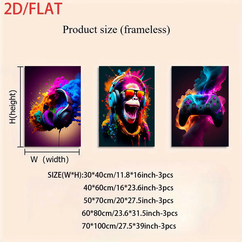 1 set of three frameless decorative paintings featuring a trendy gorilla headset/gaming controller design for home décor in 2D.
