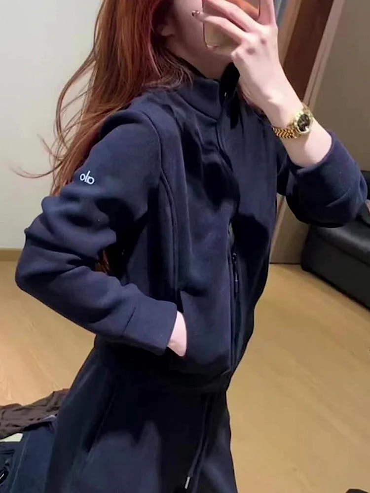 

Модная корейская женская толстовка-куртка с двойной молнией, повседневная спортивная одежда, универсальный синий топ для осени и зимы