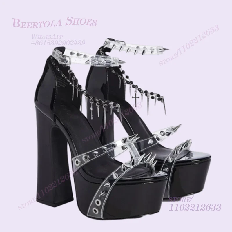 

Black Patent Leather Rivet Platform Sandals Girls Leather Open Heels Round Buckle Ankle Chain Metal Buckle Sweet Cool Women Shoe