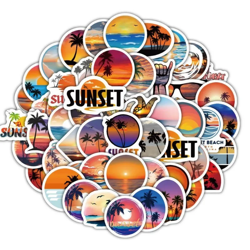 60Pcs/Set Seaside Sunset Beach Coconut Tree Beautiful Scenery Graffiti Stickers Decoration Luggage Adhesive Stickers Gifts Kids